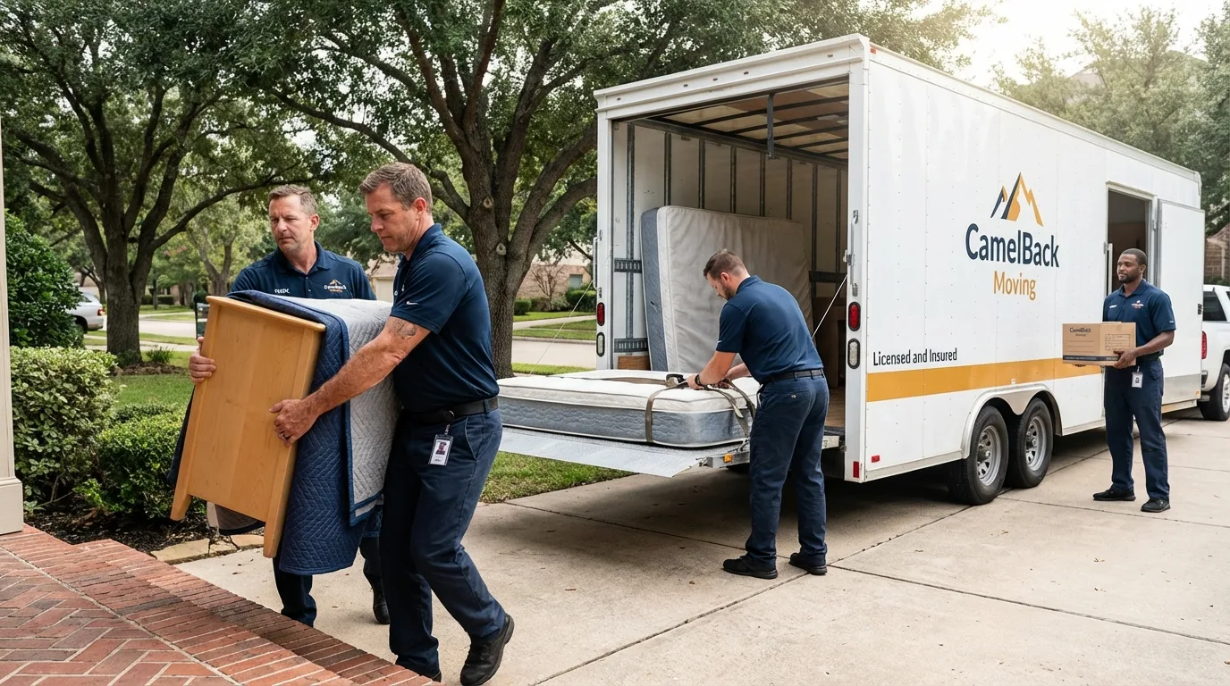Crew loading residential truck for cross-state move from La Puente, CA