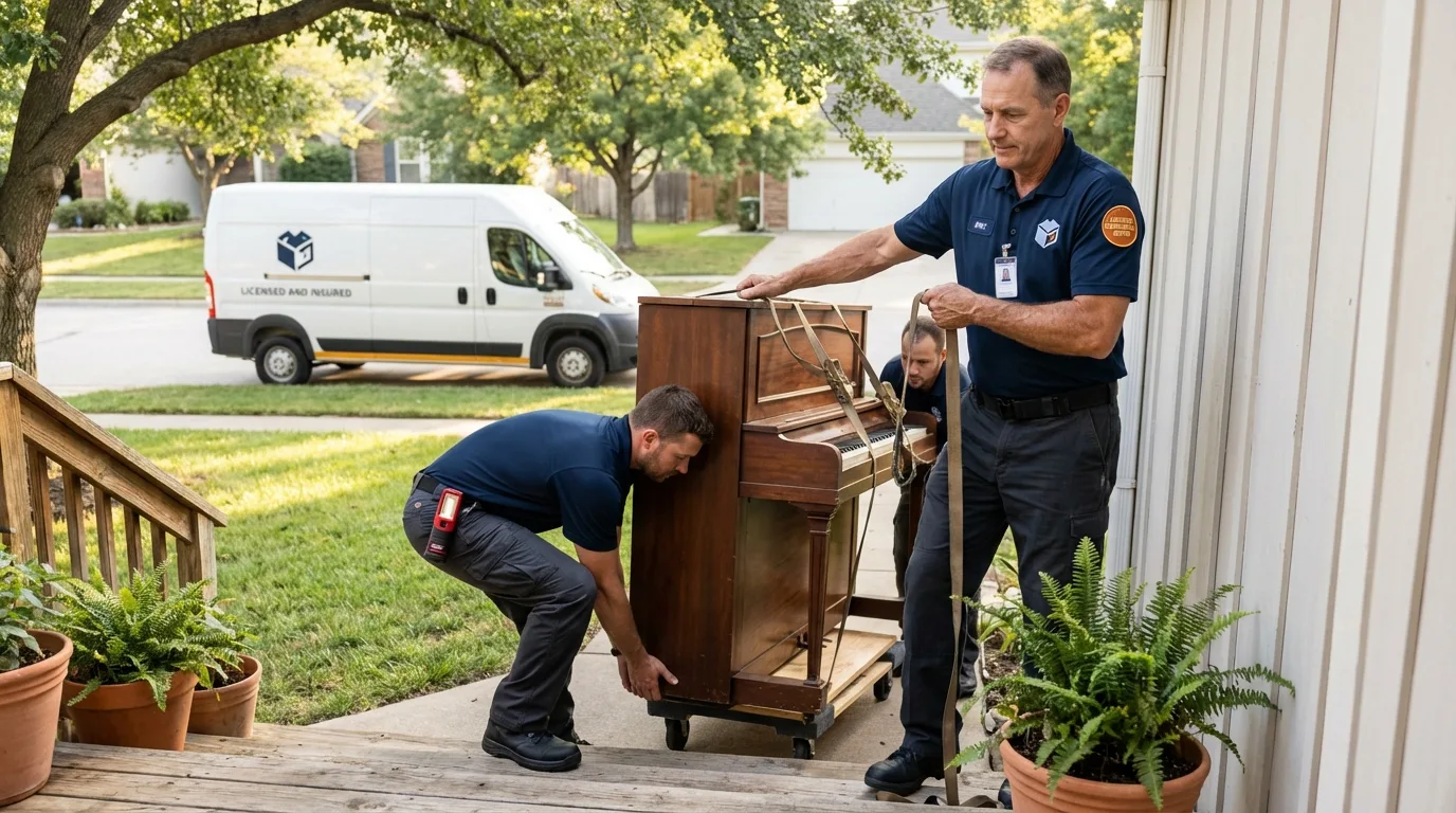 Licensed piano movers securing grand piano in La Puente, CA