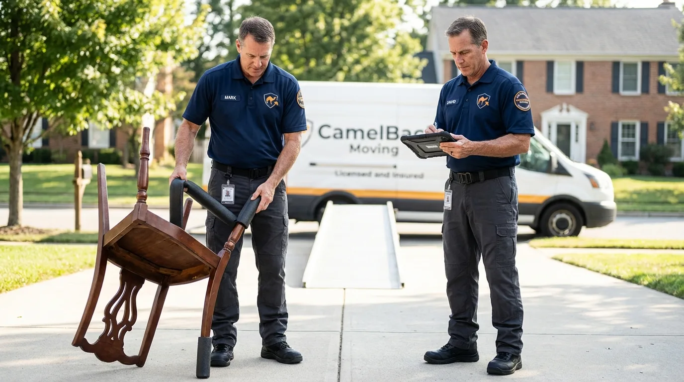 Movers inspecting furniture for damage prevention before loading in La Puente, CA