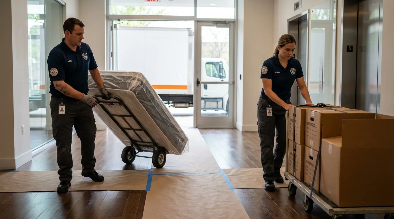 Professional apartment movers loading elevator in La Puente, CA