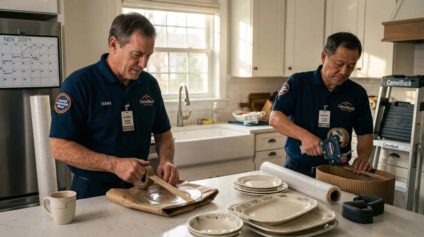Professional crew packing kitchen dishware in La Puente, CA